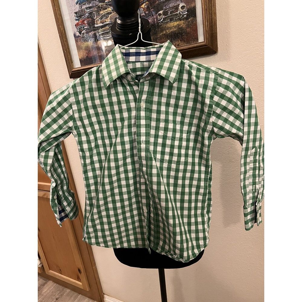 Boys Park Ave Button Down Shirt Green White 6/7 D55‎